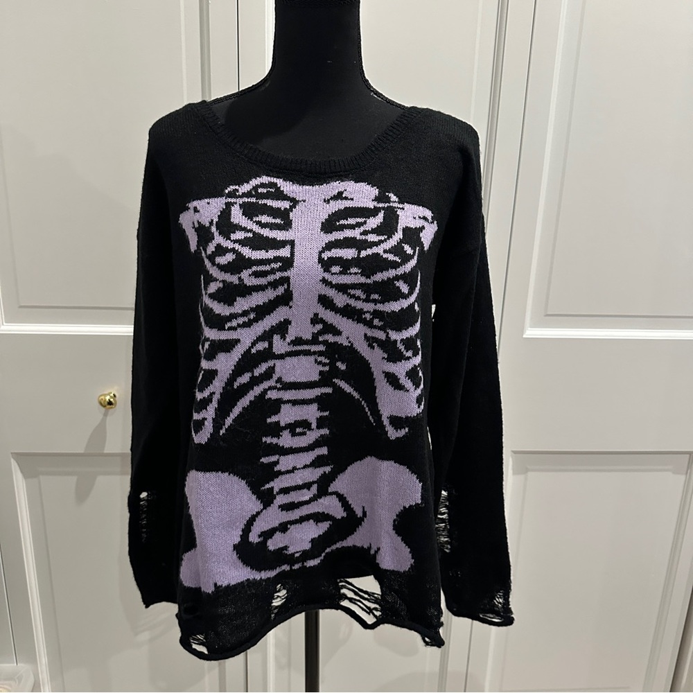 Spirit Halloween Distressed Black and Purple Skeleton Sweater